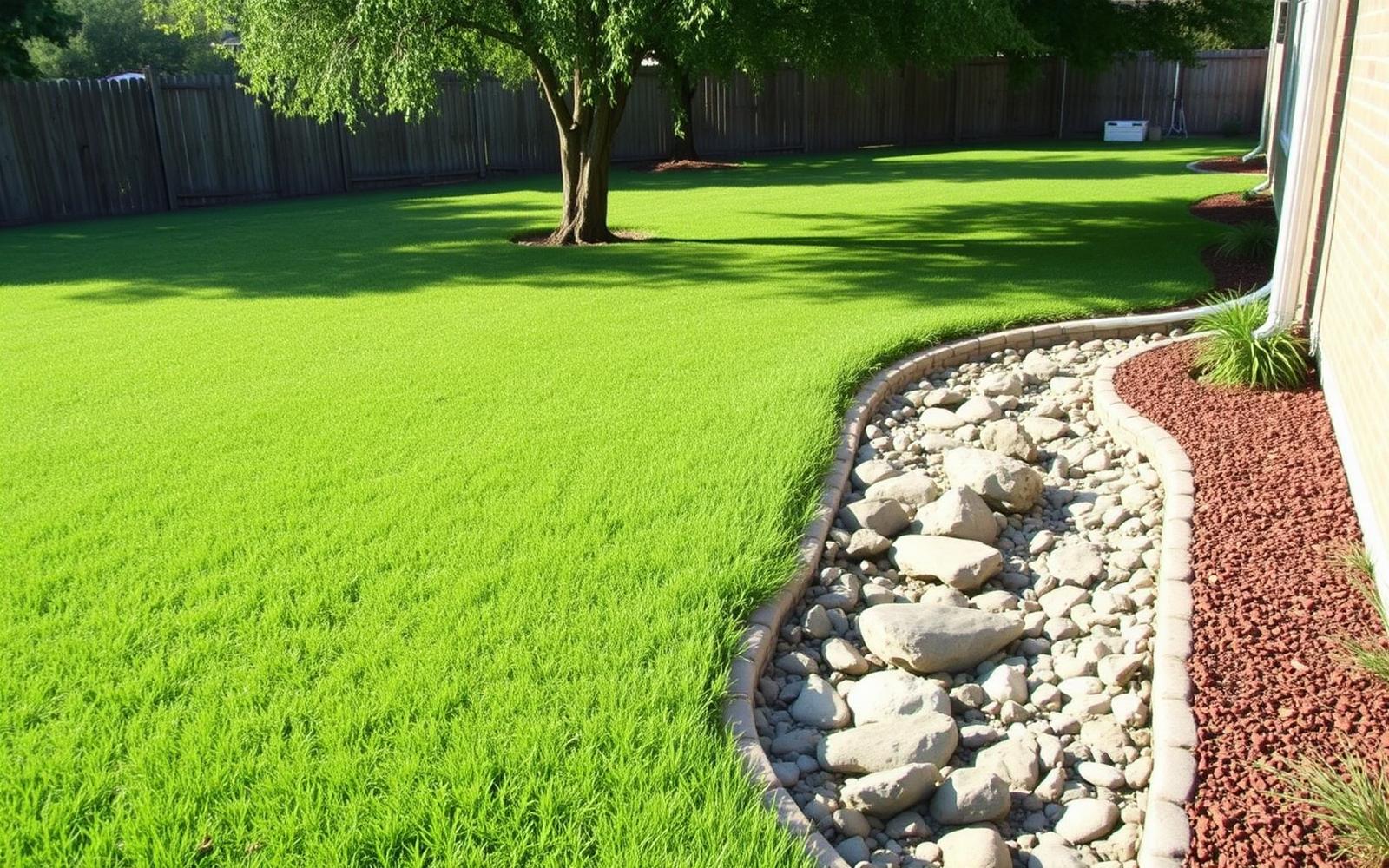 Corrected side yard with dry creek bed of river rock and healthy new lawn