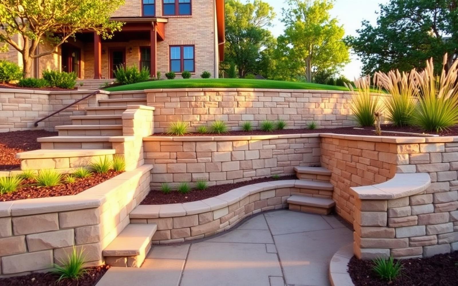 Terraced backyard with two stone retaining walls, steps and a lower flagstone patio